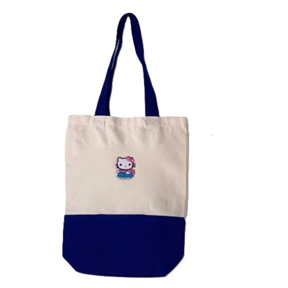 HELLO KITTY Canvas Tote Bag Blue & Cream Handle Straps NEW 12.5 x 16 inches - Picture 1 of 10